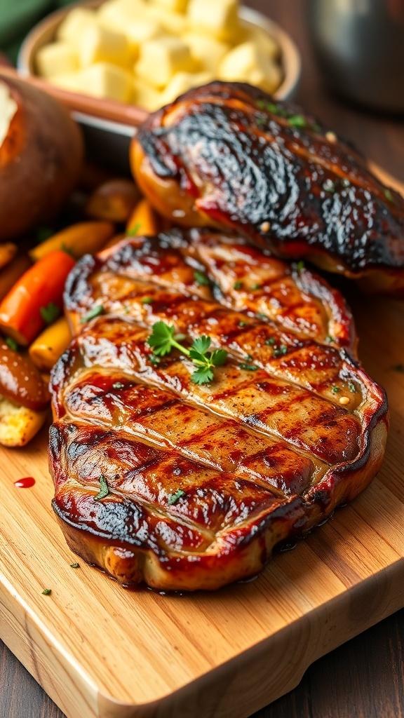 Juicy Air Fryer Steak Recipe Juicy air fryer steak garnished with herbs on a cutting board with roasted vegetables and a baked potato.